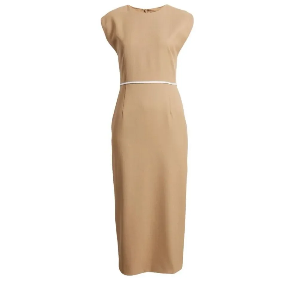 NWT BOSS “Détira” wool blend midi sheath dress in beige and cream Size 10